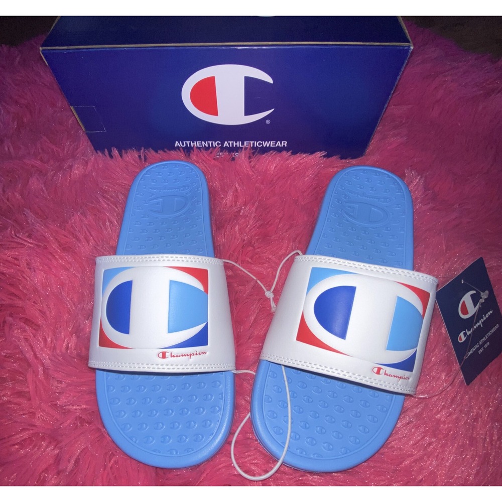 Champion Womens Super Slide Candy Sandals White‎ And Blue Size 9 New With Box